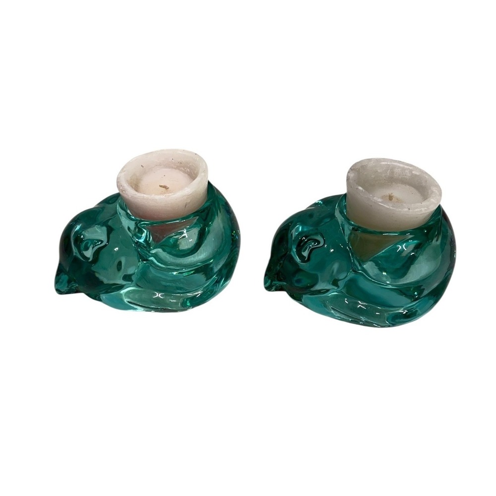 Set of 2 Indiana Glass Sleeping Cat Votive Candle Holders  Teal Blue Aqua MCM